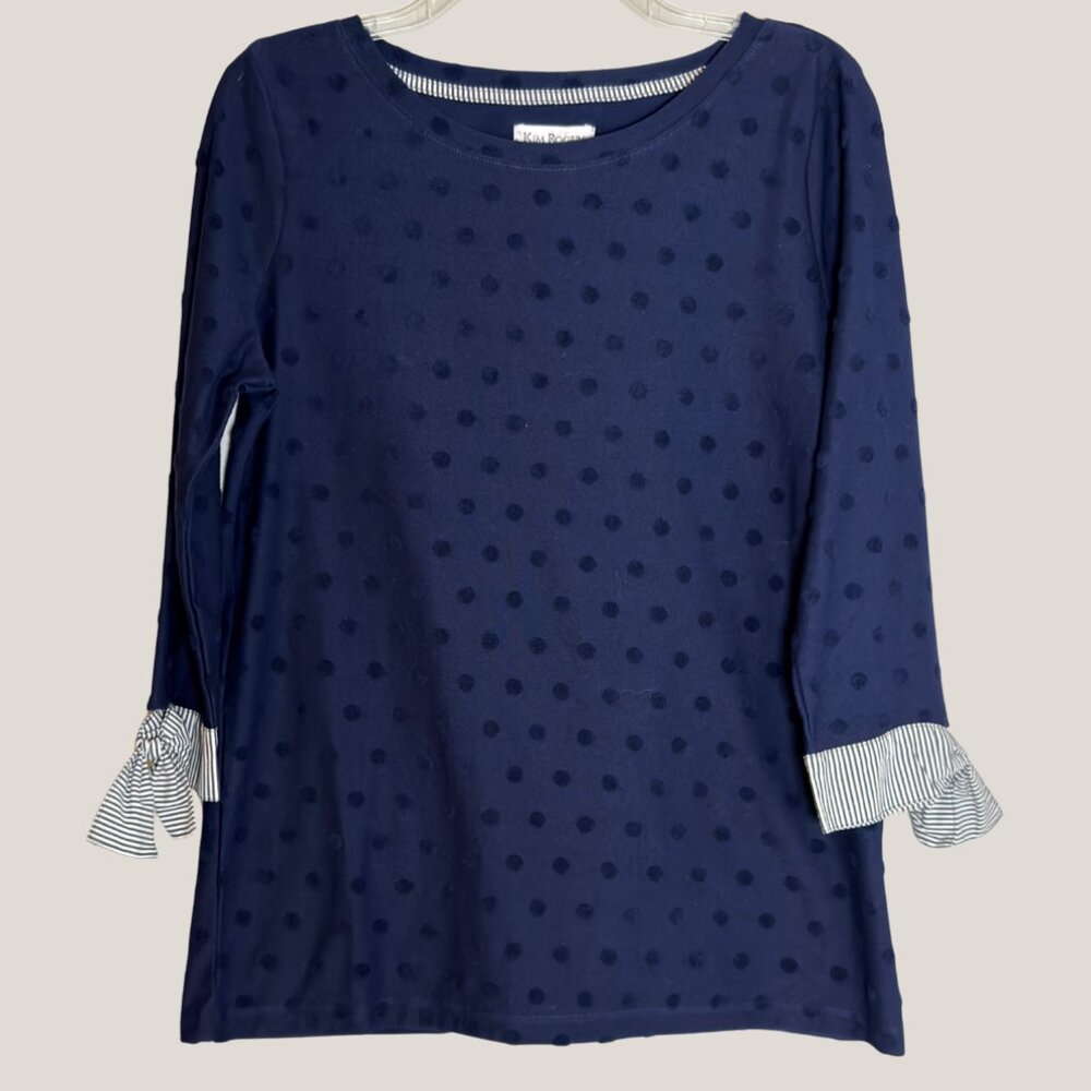 Kim Rogers Navy Blue Polka Dot Top with Striped Cuffs